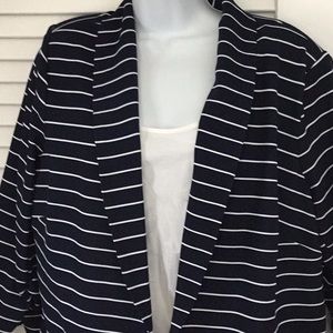 Navy blazer with thin white stripes